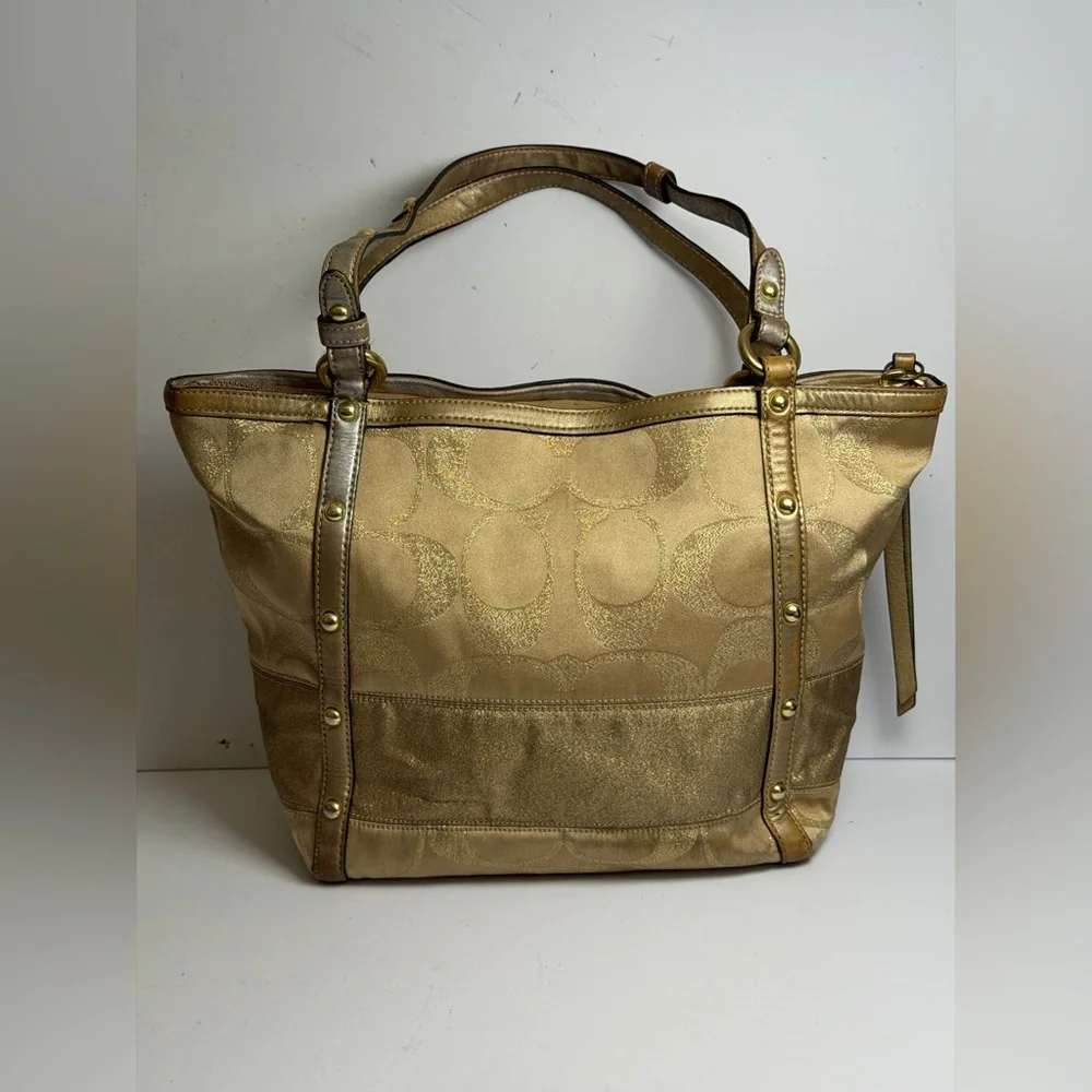 Coach Signature Stripe Studded Lurex Tote in a Gold Colorway - Picture 8 of 13